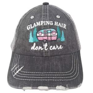 Katydid Gray Trucker Hat OS Glamping Hair Don't Care Camper Distressed Brim
